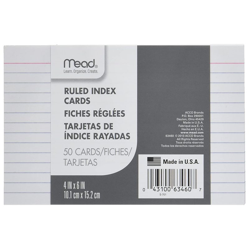 Mead Lined Index Cards 4" x 6" White (SKU 1056923880)
