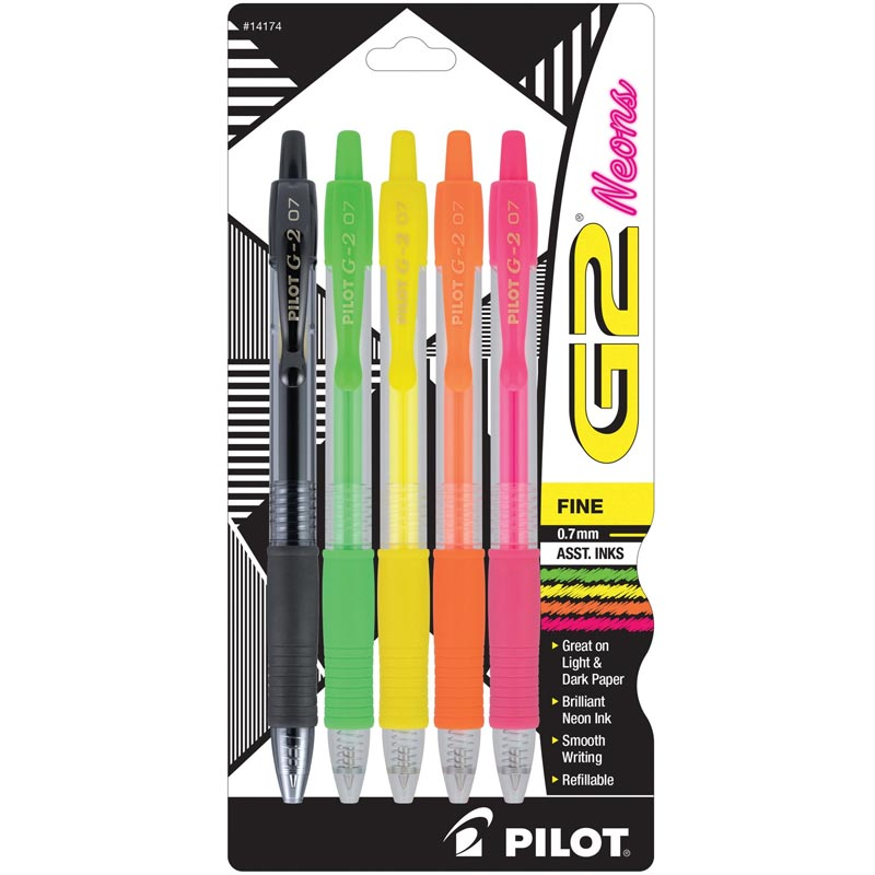 Pilot G2 Neon Retractable Gel Pens Assorted 5PK